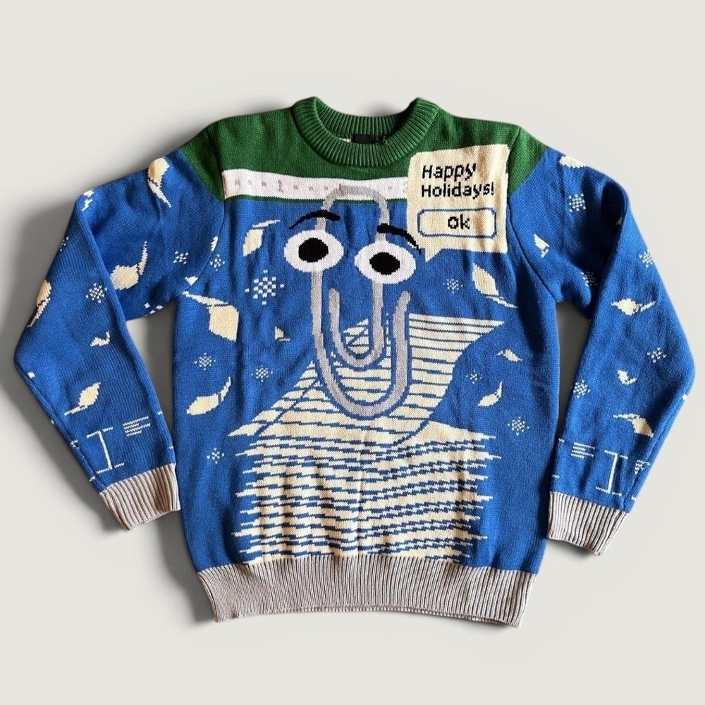 Microsoft Sweater Mens Small Blue Ugly Christmas Clippy Happy Holidays Pullover